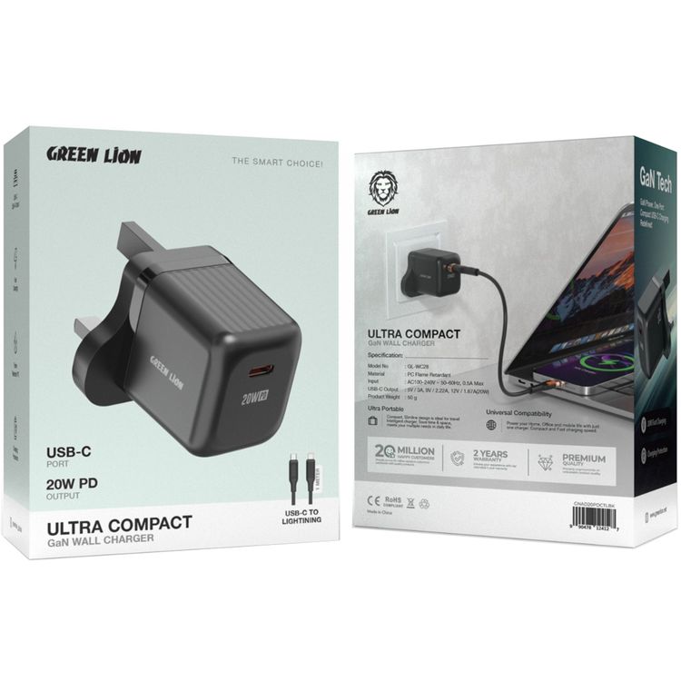 Green Lion Ultra Compact GaN Wall Charger with Single USB-C Port and USB-C to Lightning Cable, PC Flame Retardant Material, Fast Charging Support, Charging Protection, Universal Compatibility, Ultra Portable - Black