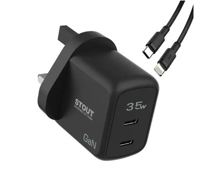 Pawa Stout Gan Travel Charger With Dual PD port, Type-C to Lightning, Type-C to C (35W,45W,65W) - Black