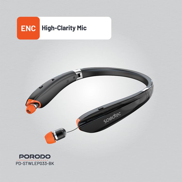 Porodo Soundtec Echo Flex Retractable ENC Neckband with Folding Design, Crystal Clear Audio, High Clarity Mic, Bluetooth V5.2, Multi Point Connection - Black 