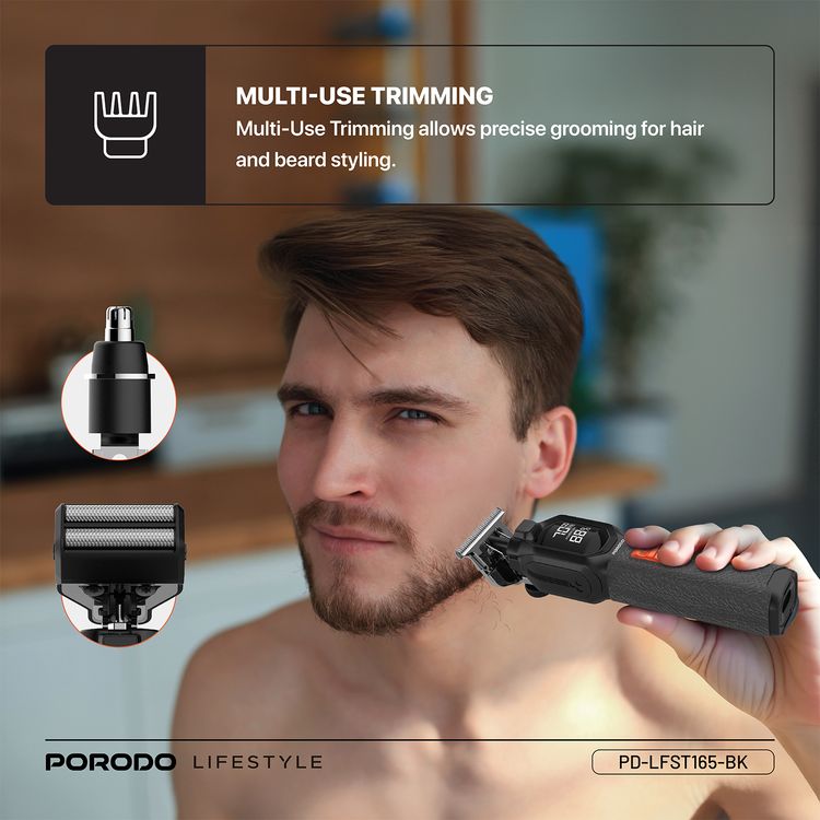 Porodo Multi-Purpose Trio Grooming Kit with Hair Clipper & Beard Shaver, 5W Rated Power, 200 Minutes Working Time, 4 Combs, 2000mAh Battery Capacity, LED Digital Display, 7000RPM Motor Speed, USB-C Charging - Black