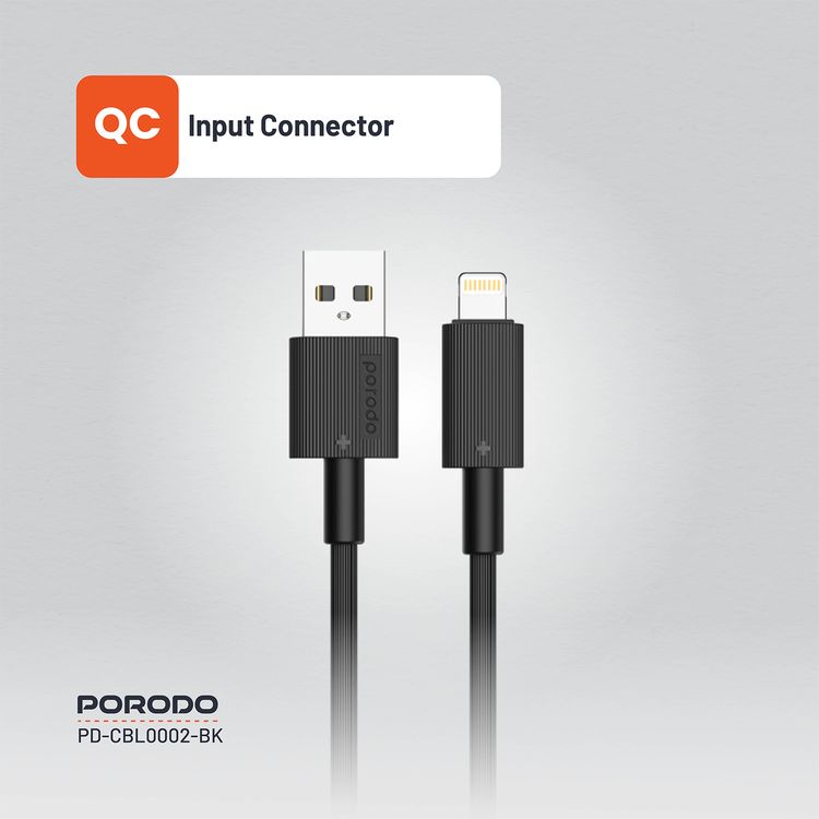 Porodo USB A to Lightning PVC Cable, 480Mbps, 2.4A Current, more than 15000 Bends Life Span, 1.2m Cable length, Tangle Free - Black