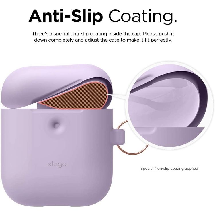 Elago Silicone Case with Anti-Lost Keychain Compatible with Apple AirPods 1/2 Wireless Charging Case, Front LED Visible, Anti-Slip Coating Inside, Premium Silicone - Lavender