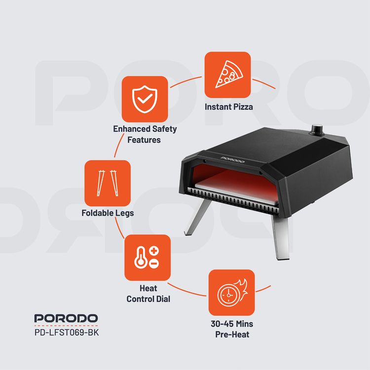 Porodo Lifestyle 12" Pizza Outdoor Oven with Foldable Legs, 60s Cooking Time, 500° C Rapid Heating, Butane & Propane Compatible, 30-45 Minutes Pre-Heat Time, Piezo Ignition - Black