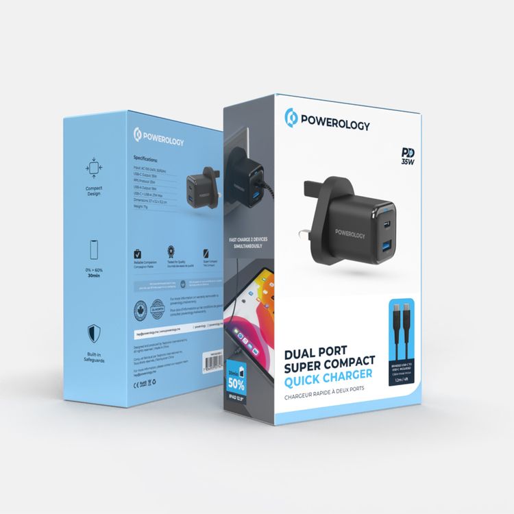 Powerology Dual Port Super Compact Quick Charger with USB-C To USB-C Braided Cable, 33W PPS Protocol, 35W USB-C Output, 18W USB-A Output - Black 