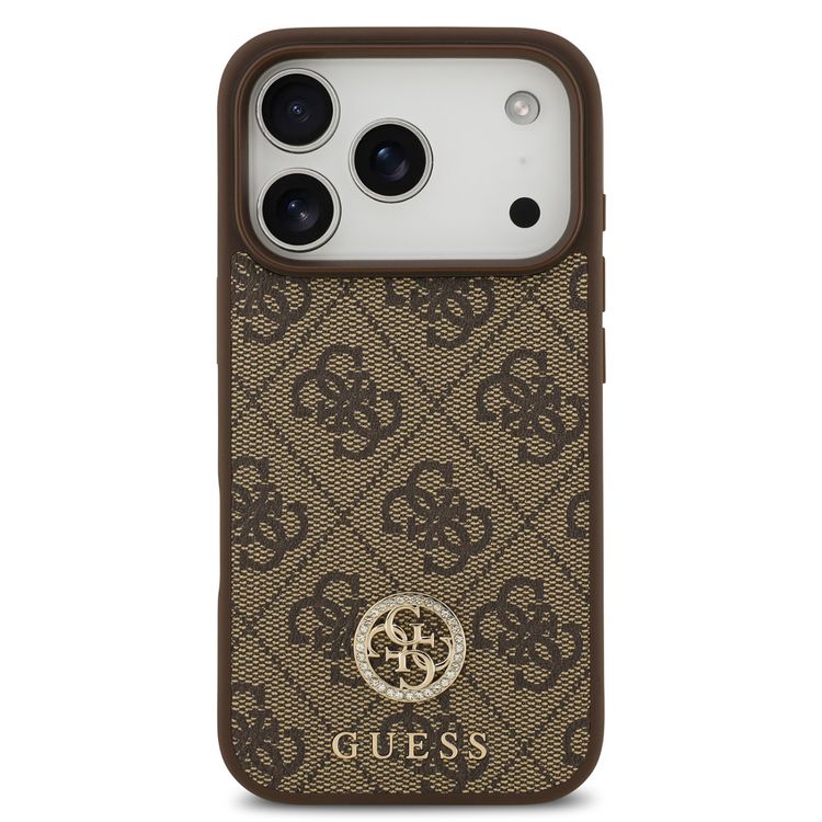 جراب جلد PU بتصميم كلاسيكي وشعار ستراس من Guess لهاتف iPhone 17 Pro مع خاصية MagSafe، تصميم خفيف الوزن، حماية من السقوط، سهل التركيب، بملف نحيف، تغليف مستدام، قبضة مريحة - بني