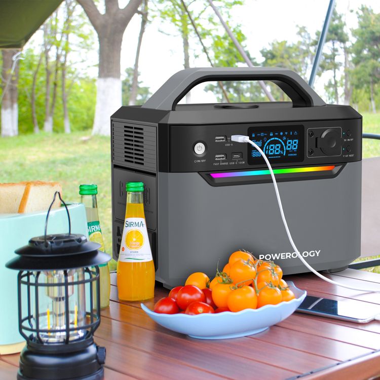 Powerology 600W Power Generator with Dual AC Sockets, USB-C, Dual USB-A & Wireless Outputs, Built-in Flashlight, 120000mAh Battery Capacity, Solar Charging Capability, Portable Design - Black