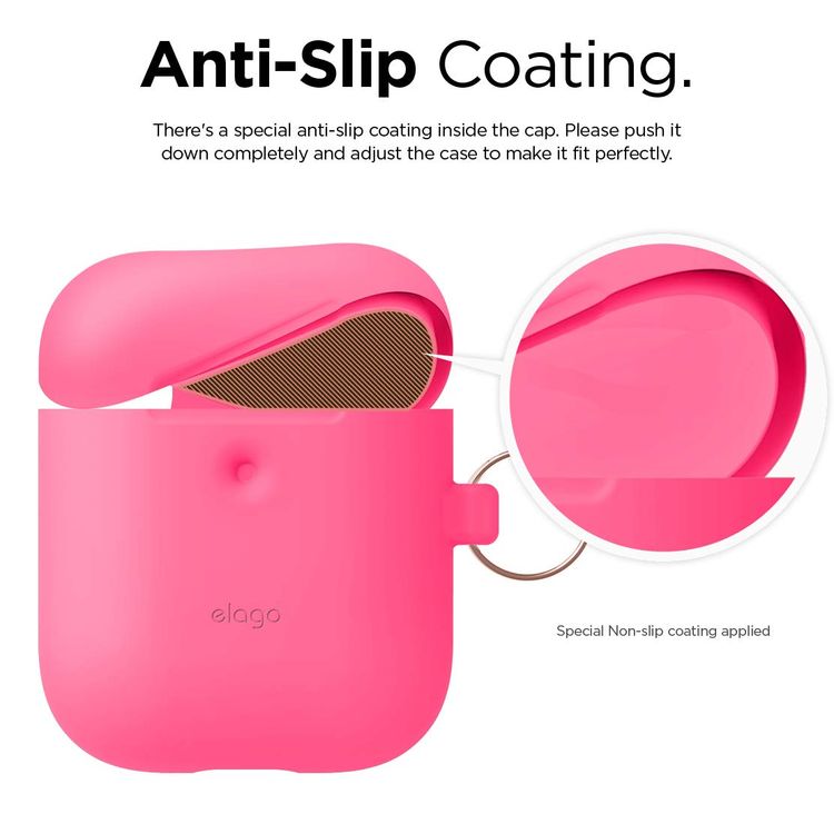 Elago Silicone Case with Anti-Lost Keychain Compatible with Apple AirPods 1/2 Wireless Charging Case, Front LED Visible, Anti-Slip Coating Inside, Premium Silicone - Neon Hot Pink