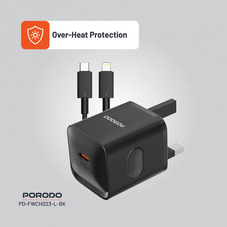 Porodo شاحن حائط بقوة 20 واط (UK) مع كابل Type-C إلى Lightning، حماية من الحرارة الزائدة، محمول - أسود
