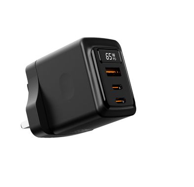 Porodo GaN Wall Charger with Single USB-A & Dual USB-C Ports, 65W Power Delivery, Built-in Safeguards, Fast Charge Support, Multiple Device Charging, Digital Display - Black