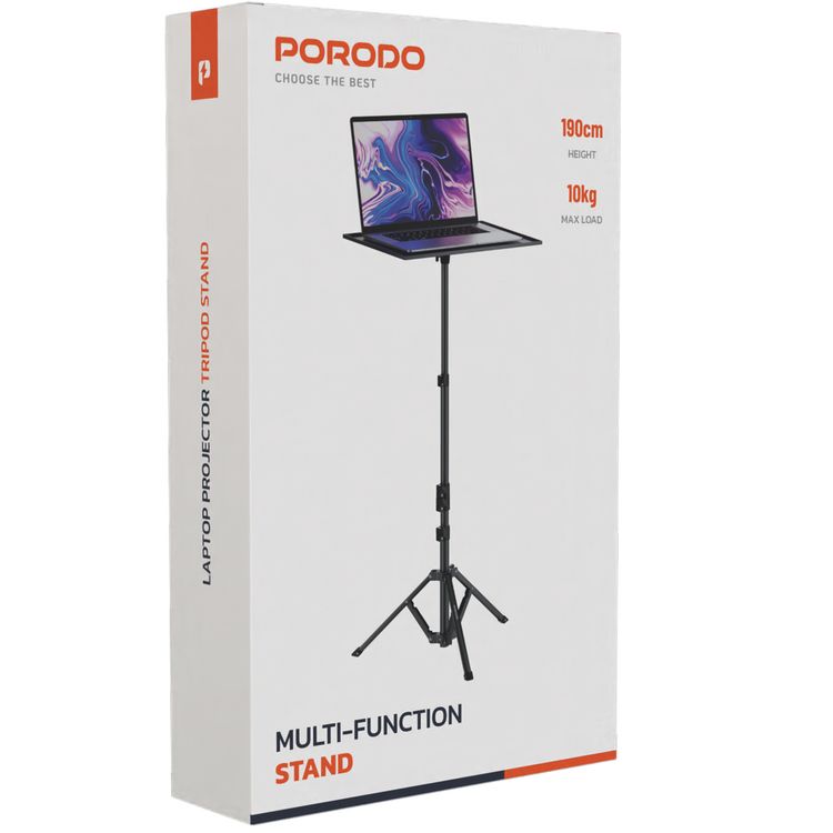 Porodo Multi-Function Stand Projector and Laptop, 360° Tray Rotation, 90° Tray Tilt, Side Tray, 10Kg Tray Load Capacity, Aluminium  - Black