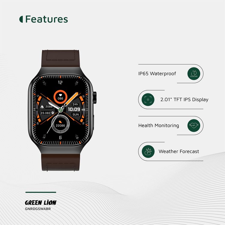 Green Lion Ridge Smart Watch with Magnetic Charging, Bluetooth Calls, Music Player, Health Monitoring, Metal Case Material, PU Leather Strap Material - Black / Brown