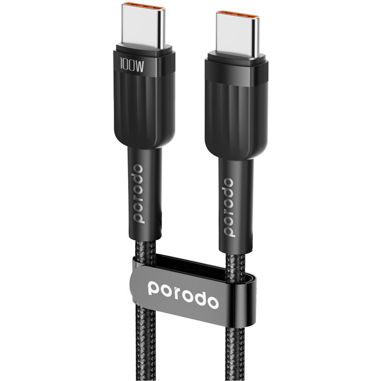 شاحن سيارة Porodo 50 وات بمنفذين مع كابل USB-C إلى USB-C، إجمالي خرج 50 وات، شحن متزامن، محمول، طول الكابل 1 متر - أسود