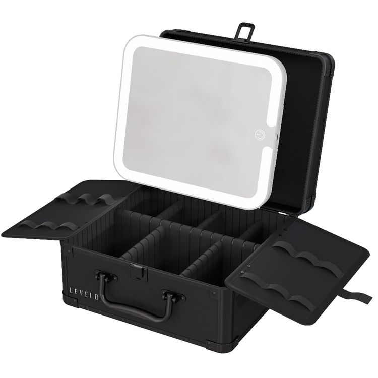 Levelo Elite Make-Up Box Organizer with Detachable Magnetic Mirror, 3 Light Modes, Adjustable Dividers, 4-5 Hours LED Working Time, Touch Control, USB-C Charging Port - Black
