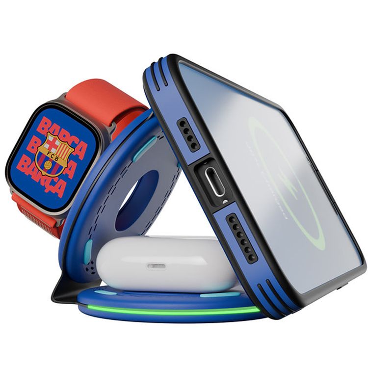 شاحن لاسلكي FC Barcelona WC-3 3 في 1 يدعم معيار Qi، بقدرة إخراج لاسلكية قصوى للهواتف الذكية تصل إلى 15 واط، وشحن متزامن، وتصميم قابل للطي، ومدخل نوع C QC بقدرة 18 واط - أزرق