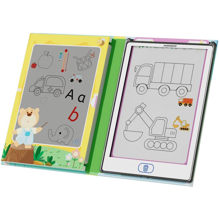 Porodo Kids LCD Writing Tablet with Copy Cards, 8.5" Transparent Screen, Erasing Button, One-Key Screen Lock - Black