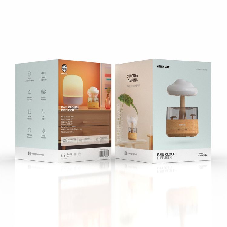 Green Lion Rain Cloud Diffuser, 3 Rainfall Modes, Colorful Ambiance Lights, Automatic Shutdown, Simulated Raindrop, Timing Protection, Anti Spill, 300mL Capacity - Wood