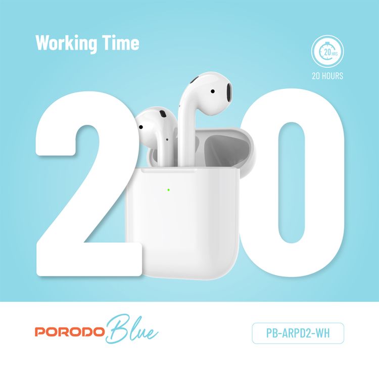 Porodo Blue Deep Bass Wireless Earbuds 2, One-Step Pairing, Comfortable Fit, Independent Earbuds, Touch Control, Deep Bass -  White