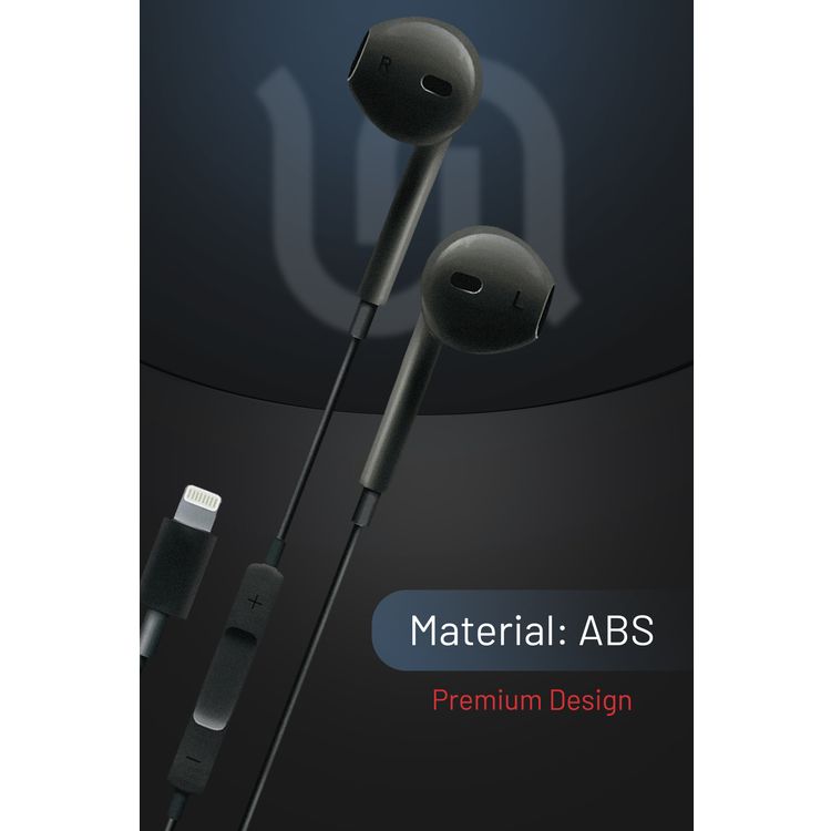 Porodo Soundtec Stereo Wired Earphones with 1.2m Lightning Cable Length, 3 Button Control, High-clarity Microphone, High Sound Quality and Deep Bass, Answer & Close Call - Black