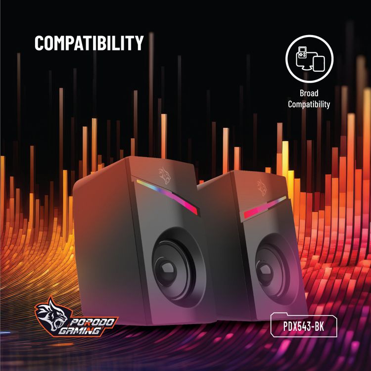  Porodo Gaming Stereo Speakers with Volume Knob Control, Broad Compatibility, Plug & Play, 6W Audio Output, 3.5mm  Audio Interface, 7 Colors Rainbow Lighting - Black