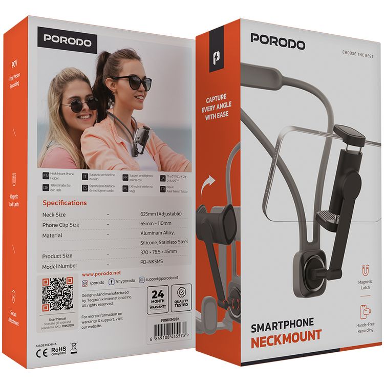 حامل رقبة للهواتف الذكية من بورودو مع قفل مغناطيسي، تسجيل بدون استخدام اليدين، مقاس رقبة قابل للتعديل 625 مم، مقاس كليب الهاتف 65-110 مم، مصنوع من الألمنيوم والسليكون والفولاذ المقاوم للصدأ، تثبيت آمن - أسود