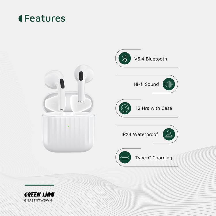 Green Lion Austin True Wireless Earbuds with Built-in Microphone, HiFi Sound, Dual-Mic, Touch Control, Voice Assistant, Type-C Charging, 3 Hours Playtime - White
