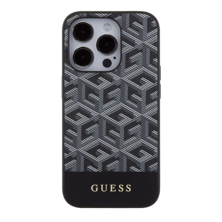 Guess Magsafe Leather Case with Gcube Stripe Pattern - Black - iPhone 15 Pro