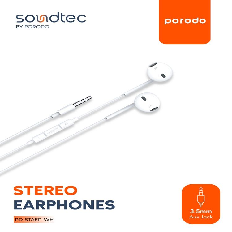 Porodo Soundtec Stereo Earphones with a 3.5mm AUX Connection, High-Clarity Microphone, 3-Button Controls, Answer & End Call - White
