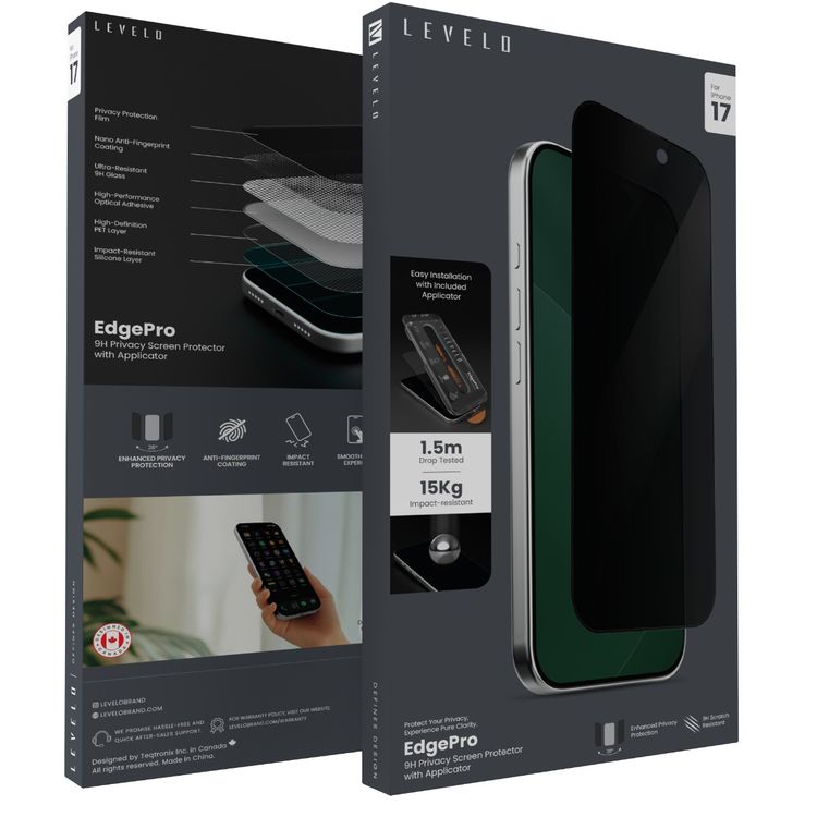 Levelo EdgePro 9H Screen Protector with Applicator for iPhone 17, Oleophobic Coating, Ultra-Resistant 9H Glass, Nano Anti-Fingerprint Coating, Drop Protection - Black