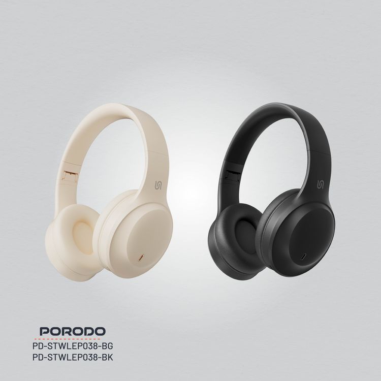  Porodo Soundtec Wireless Headphones with 400mAh Battery Capacity, 1.5 Hours Recharge Time, Up to 50 Hours Working Time, Type C Charging Port, Bluetooth V5.4 - Beige