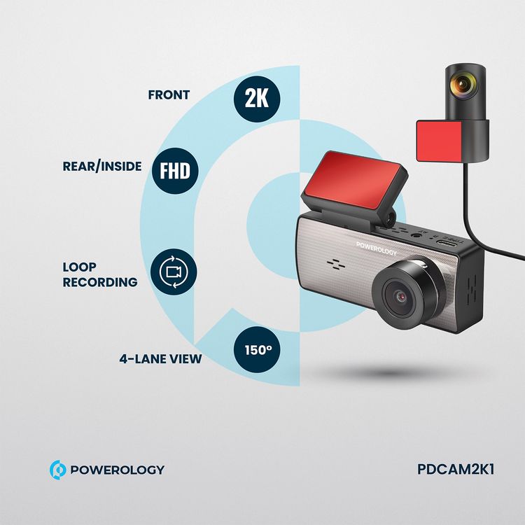 Powerology Dual Recording Dash Camera, Built-in Microphone & Speaker, 150° 4-Lane View, Collision Detection, 3.16" Wide Screen, Patented Design, Loop Recording, Parking Monitor, Type-C Charging Port, MP4 Video Format & JPG Photo Format - Black