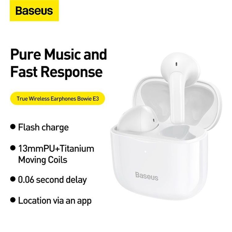 Baseus Bowie E3 True Wireless Earphones, Touch Control, Fast Response, About 1 Hour Charging Time, About 5 Hours Music Time, 10 m Communication Distance - White