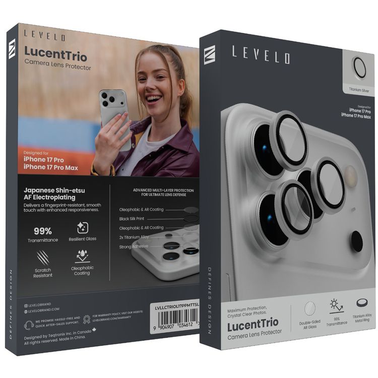 Levelo LucentTrio Camera Lens Protector with 99%  Transmittance for iPhone 17 Pro / 17 Pro Max, Anti-Fingerprint, Anti-Scratch, Double-Sided AR Glass, Oleophobic Coating, Multi-Layer Protection, Strong Adhesive - Titanium Silver