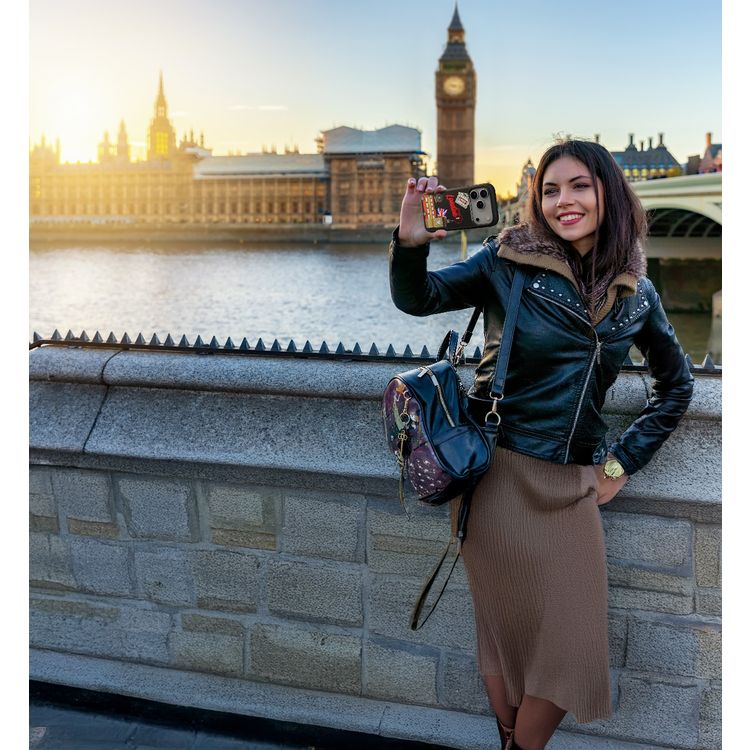 Levelo Vallo PU Leather Case for iPhone 17 Pro with Embroidery London Finish, Comfortable Hold, Durable PU Leather, Raised Bezels for Camera and Screen, True Microfiber Interior Lining, Scratch & Wear Resistant, Shock-Resistant Bumper - Midnight Black