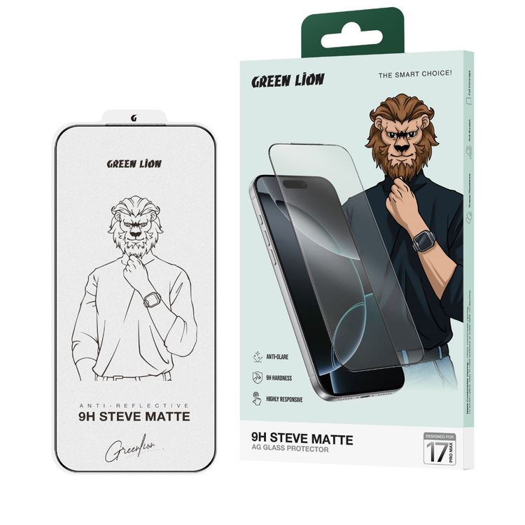 Green Lion 9H Steve Matte Strong Full Glass Protector for iPhone 17 Pro Max, Crystal Clear, Anti-Scratch, Anti-Fingerprint, Grease Resistance, Air Bubble Prevention, Highly Responsive - Clear