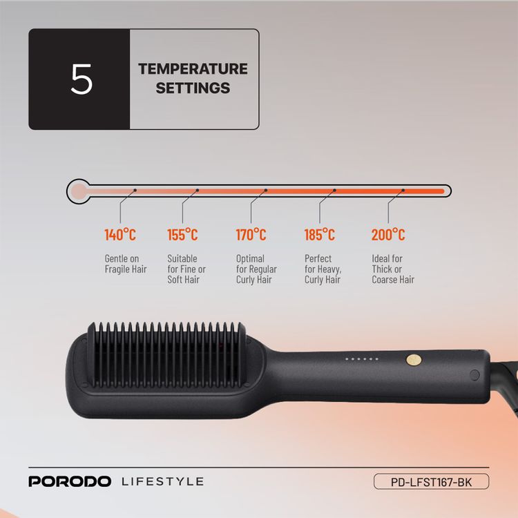 Porodo Lifestyle Electric Heated Hair Straightener Comb with 5 Temperature Settings, 33W Rated Power, 30 Seconds Fast Heating Time, 70% Frizz Reduction, Auto Shut-Off - Black