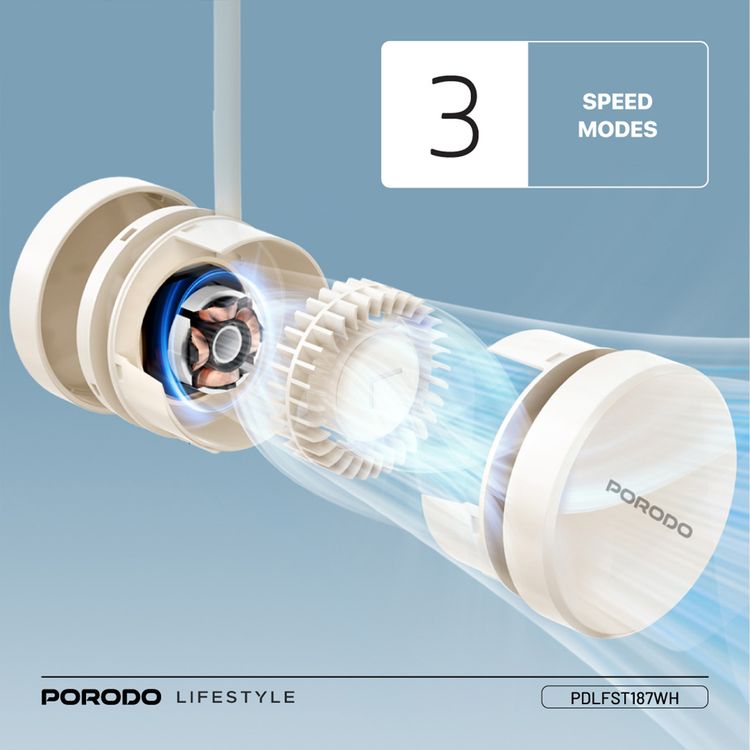 مروحة العنق بدون شفرات Porodo AirFlex مع 3 مستويات سرعة، مع وقت عمل يصل إلى 5 ساعات، بطارية بسعة 1600 مللي أمبير، واجهة شحن USB-C، مادة لطيفة على الجلد، تصميم رقبة مرن - أبيض