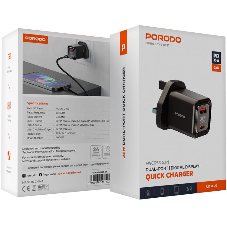 Porodo Dual-Port Quick Wall Charger with 35W Power Delivery, Built-in Safeguards, Digital Display, 0.8A Maximum Rated Current, GaN Technology - Black