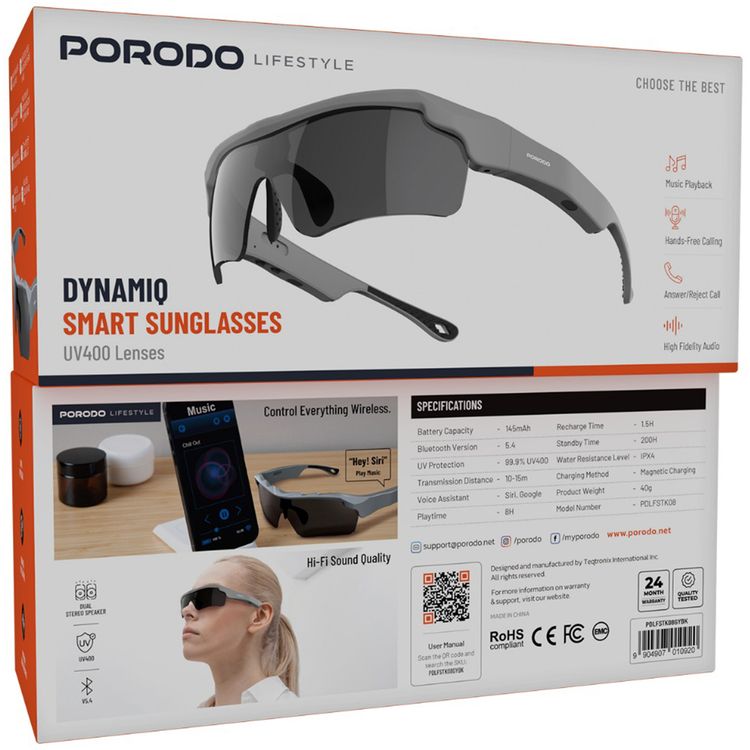 Porodo Lifestyle Dynamiq Smart Sunglasses with Built-in Microphone, 8 Hours Playtime, Magnetic Charging Interface, UV400 Protection, Bluetooth Version 5.4, 10-15m Transmission Range, 145mAh Battery Capacity, IPX4 Water Resistance Level, Voice Control, Dual Stereo Speakers - Gray / Black