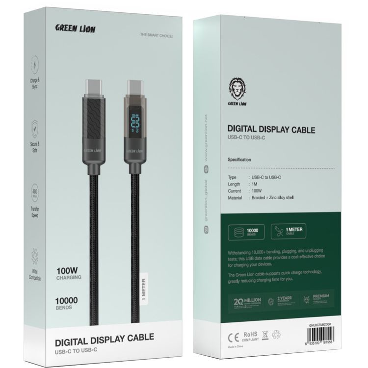 Green Lion USB-C to USB-C Cable with Digital Display, 100W Power Output, 1m Cable Length, More than 10,000 Bends Lifespan, Braided Cable & Zinc Alloy Shell - Black