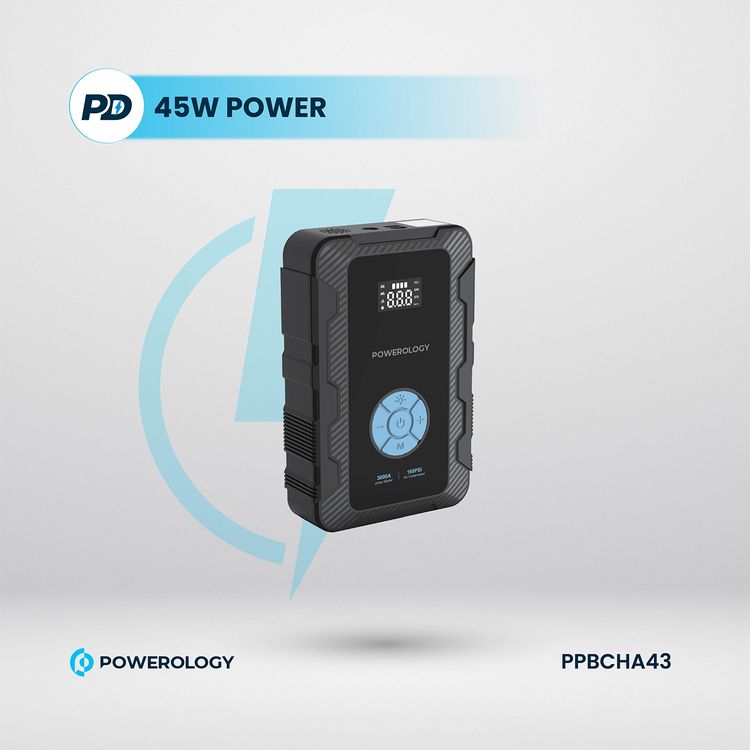 ضاغط هواء Powerology 20000mAh Power Bank Jump Start، أقصى وقت شحن 7.0±1.0 ساعة، PD 45 وات، ذروة التيار 3000 أمبير، محرك سعة 8 لتر - أسود 
