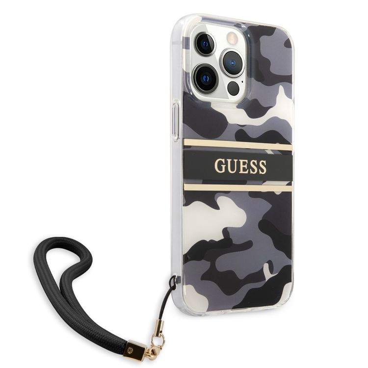 CG MOBILE Guess PC/TPU Case Camo Design & Stripe with Nylon Strap Compatible for iPhone 13 Pro Max (6.7") Back Cover Suitable with Wireless Charging Officially Licensed - Black