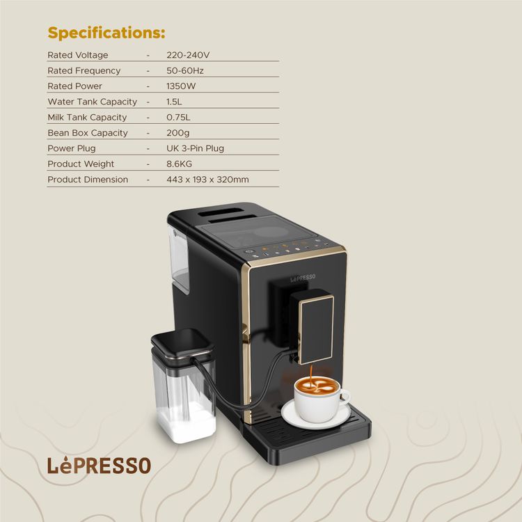 LePresso 20 Bar Full Automatic Coffee Machine, Adjustable Grinder, Hot Water Dispenser, Multiple Brewing Options - Black