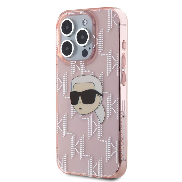 جراب Karl Lagerfeld IML الصلب مع تصميم Karl Head &amp; Monogram مطلي بالكهرباء لهاتف iPhone 16 Pro Max - وردي