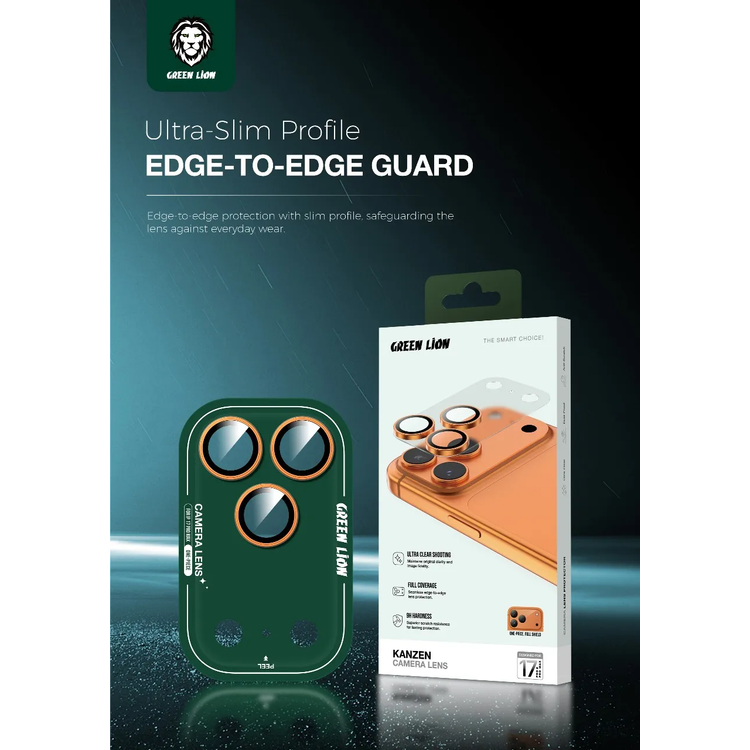 Green Lion Kanzen Camera Lens for iPhone 17 Pro Max, 9H Hardness, Easy to Apply, Anti Fingerprint, Bubble Free, Full Coverage, Ultra Clear Shooting, Impact Resistant, Ultra-Thin Base - Orange