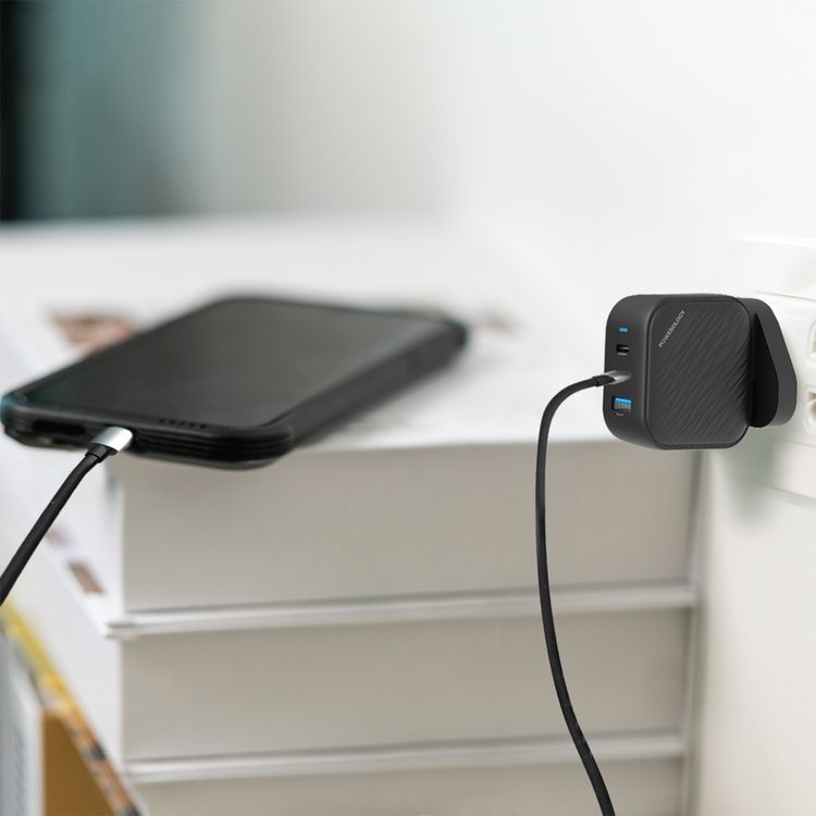 Powerology GaN Ultimate Dual PD Wall Charger with 65W Power Delivery, Compatible with Laptops, Quick Charge 3.0, Built-in Safeguard - Black