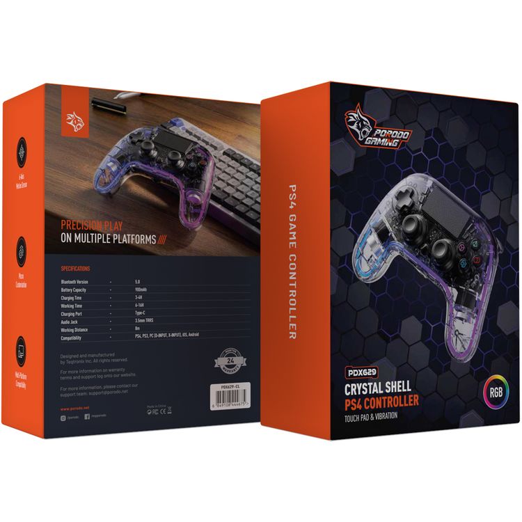 Porodo Gaming PS4 Gamepad Transparent Controller, PS4, PS3, PC (D-INPUT, X-INPUT), iOS, Android Compatibility, 3.5mm TRRS Audio Jack, Type-C Charging Port, 6-16 Hours Working Time - Clear