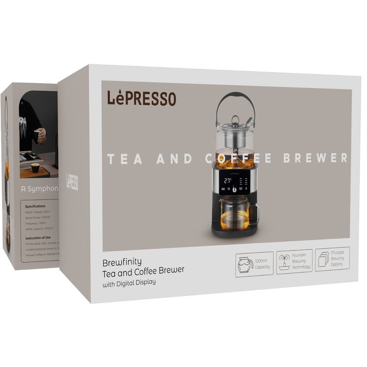 LePresso Brewfinity Tea & Coffee Brewer with Digital Display, 1000W Rated Power, Multiple Brewing Options, Keep Warm Function, 1000mL Kettle Capacity, Fountain Brewing Technology - Black