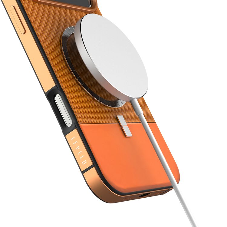Levelo Cuir Leather Hybrid Case with Comfortable Grip for iPhone 17 Pro Max, Strong Magnets & MagSafe Compatible, Shock-Resistant Bumper, Aluminum Alloy Frame for Camera & Buttons, Drop-Tested - Sunrise Orange