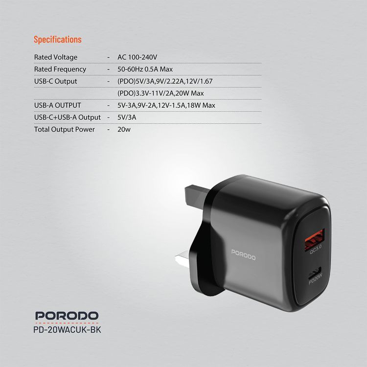 Porodo Dual Output Quick Charger with 20W Power Delivery, QC 18W, UK 3-Pin Plug, Simultaneous Charging, Universal Compatibility - Black