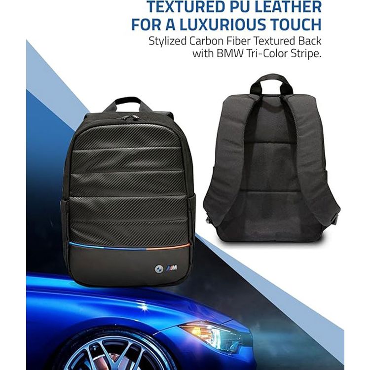 BMW Carbon & Leather Tricolor 15" Backpack with High-Quality Nylon + Synthetic Leather & Polyester Lining Material, Multiple Pockets, Adjustable Shoulder Strap, Water Resistant, Scratch-Resistant - Black